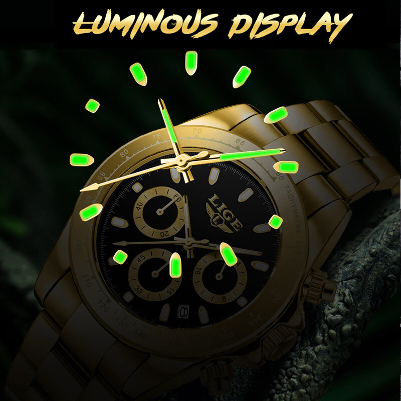 LIGE-reloj analógico de acero inoxidable para hombre, accesorio de pulsera de cuarzo resistente al agua con cronógrafo, marca de lujo deportivo de complemento Masculino con diseño moderno, disponible en color dorado