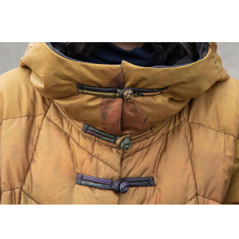 Etniczny styl nadrukowany żakiet moda zimowy parki długi, z kapturem gruby typu oversize biała kurtka puchowa luźna ciepła kurtka pikowana