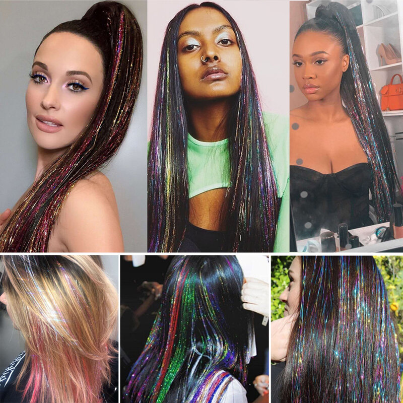 Mèches scintillantes de couleur arc-en-ciel pour fille, couvre-chef Laser, Extensions de cheveux, décoration Bling, bandes scintillantes, fête