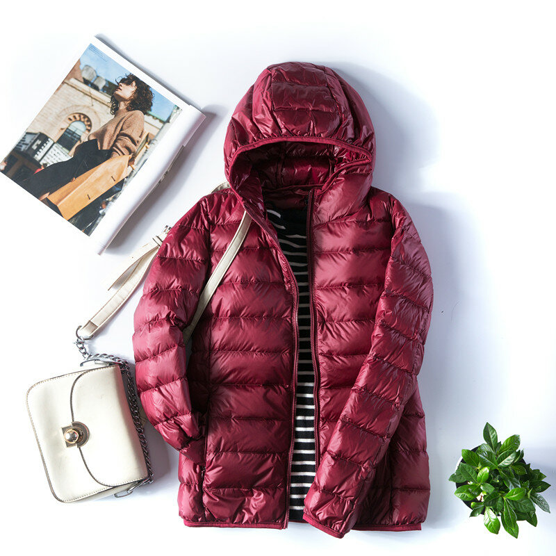 여성용 화이트 덕 다운 재킷, 여성용 후드, 초경량, 휴대용 코트, 방풍, 긴팔, 슬림, 따뜻한 파카, 7XL, 가을, 겨울