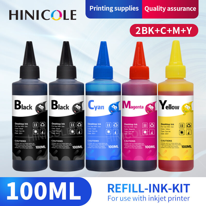 HINICOLE 범용 리필 잉크 키트, 100ML, 엡손 캐논 HP, Brother 잉크젯 프린터, CISS 카트리지 프린터 잉크