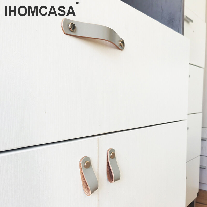 IHOMCASA Gray Cowhide Handle Nordic Modern Style  Furniture Drawer Child Door Knobs Cupboard Kitchen Shoe Cabinet Leather Pulls
