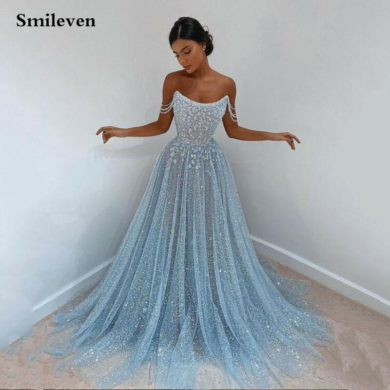 Smileven Shiny Kralen Prom Jurk Uit De Schouder Glitter Tulle A-lijn Arabisch Avondjurk Tulle Lange Party Dress 2021