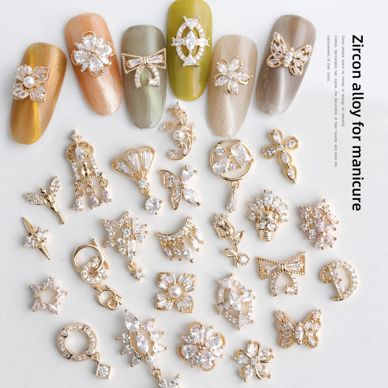 2 diamantes de imitación de cristal de circón de lujo de calidad para decoración de uñas de aleación de oro, adornos de joyería de borla de cadenas de moda