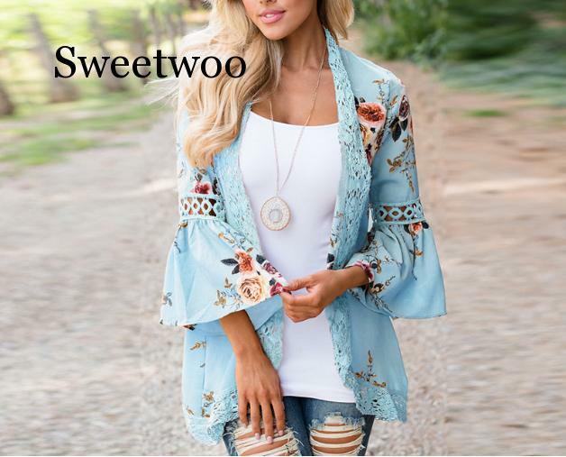 ผู้หญิงฤดูร้อนฤดูใบไม้ร่วง Flare แขน Floral พิมพ์ลูกไม้ Patchwork ชีฟองเสื้อสเวตเตอร์ถัก Casual เปิด Stitch Outwear PLUS ขนาด Kimono