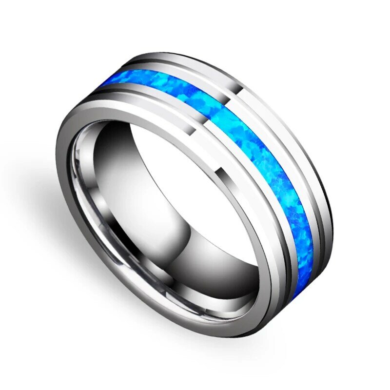 FDLK-anel de aço inoxidável polido, banda de casamento masculina, opala azul, sulco central, novo, 8mm
