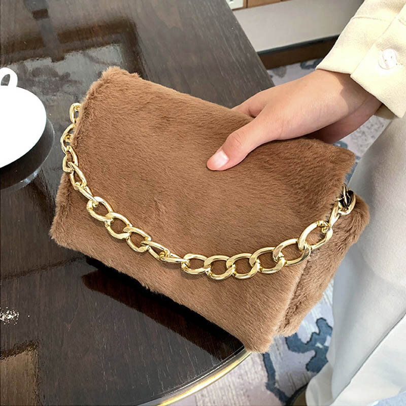 Bolso de hombro con cadena gruesa y estampado de leopardo para mujer, bolsa de mano de diseñador de lujo, de felpa, cuadrado pequeño, 2021