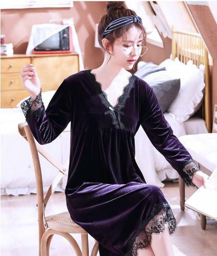 Fdfklak Gaun Malam Renda Elegan Wanita Lengan Panjang Pakaian Rumah Hangat Gaun Malam Pakaian Tidur Wanita Gaun Malam Musim Dingin Baju Tidur