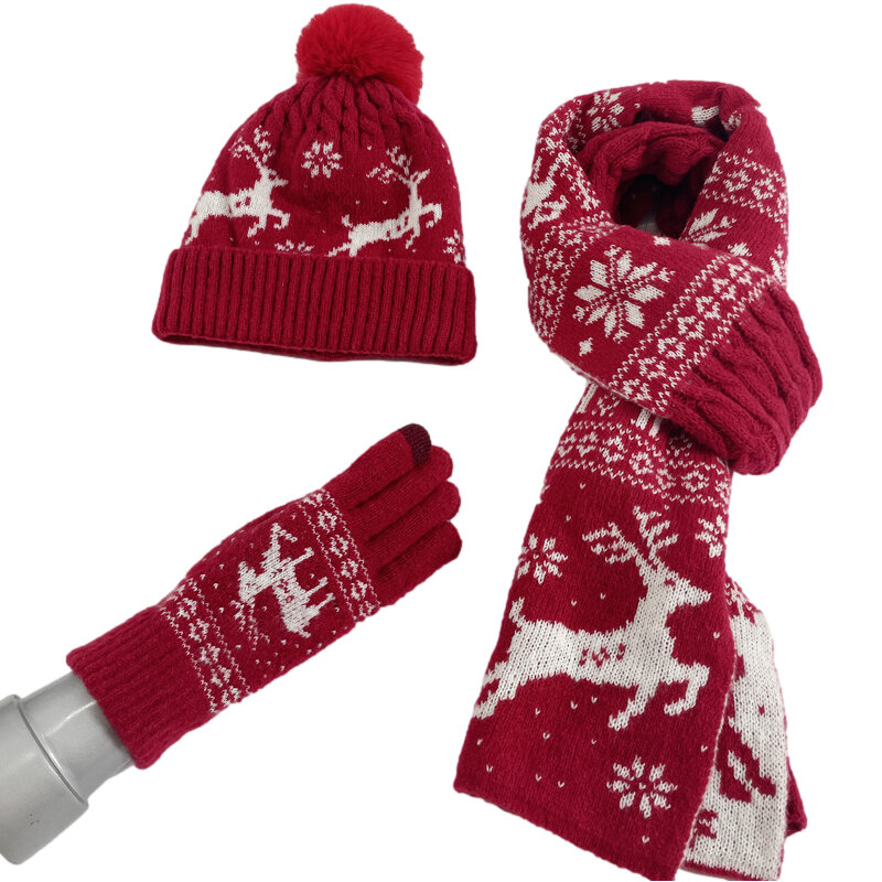 Écharpe de Noël unisexe à motif de wapiti, bonnets chauds, ensembles d'écharpes épaisses et douces, chapeau d'hiver, femmes et hommes, 3 pièces