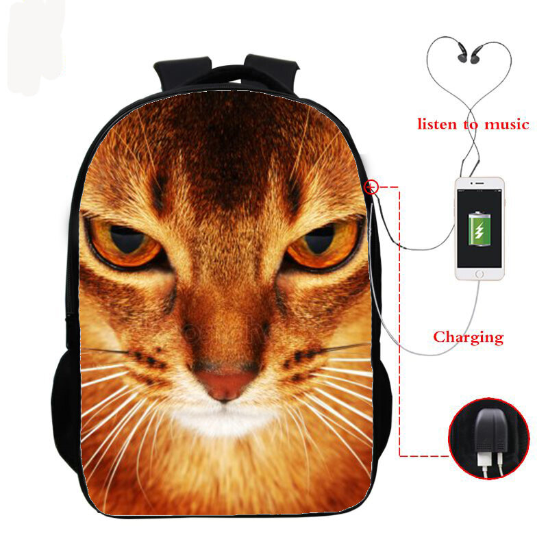 16 นิ้ว Cat กระเป๋านักเรียนเด็กกระเป๋าเป้สะพายหลังเด็กชายหญิง Mochila Infantil 3D Cat พิมพ์กระเป๋าชาร์จ USB