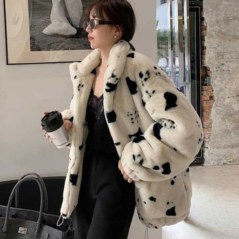 2021 neue Winter Mantel Frauen Dicke Warme drehen-unten Kragen Plus Größe Faux Kaninchen Pelz Zipper Print Jacke