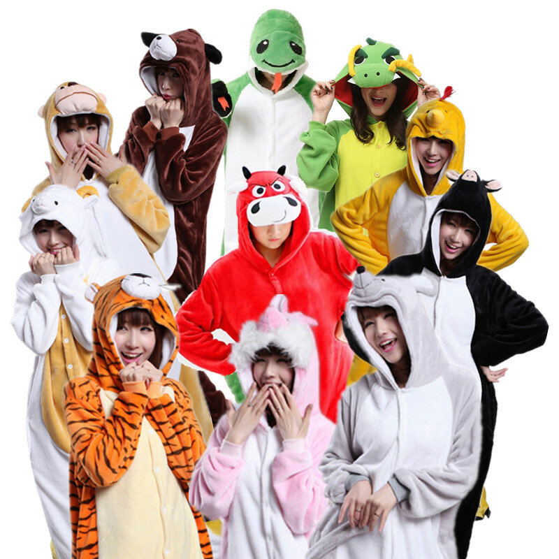 Vrouwen Animal Rompertjes Pyjama Rat Snake Zebra Chick Paard Draak Hond Tijger Varken Aap Konijn Kigurumi Vrouwen Homewear Voor winter