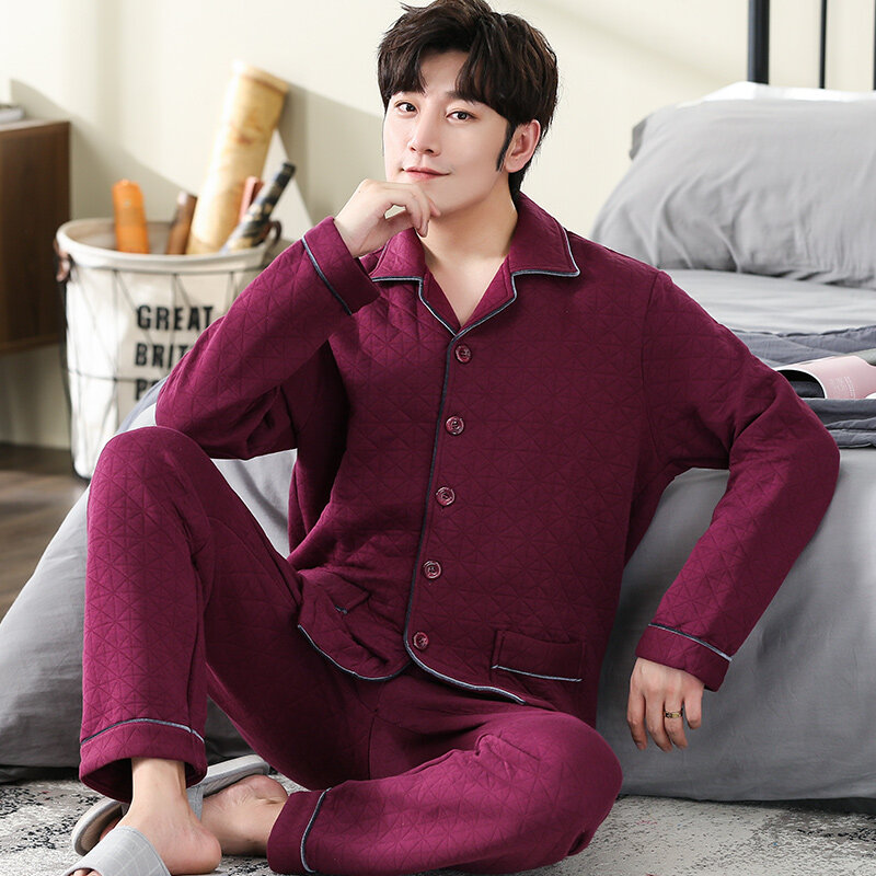 Conjunto de pijama masculino de manga longa, pijama acolchoado fino para homens, roupa de dormir com camada intercamada de algodão para inverno