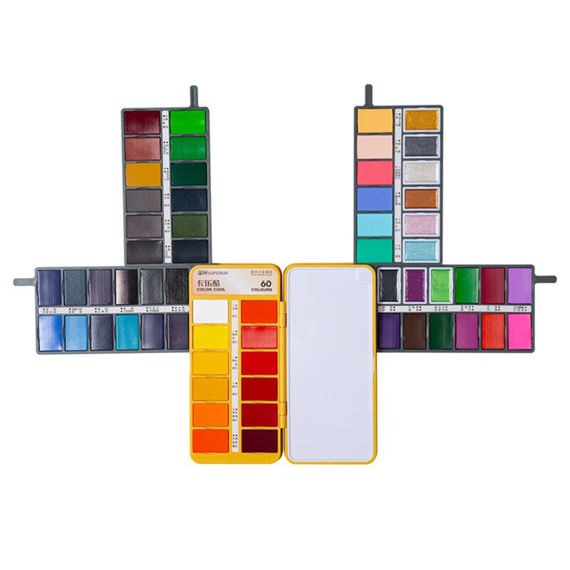 물 브러시 펜이 있는 단색 수채화 페인트 세트, 접이식 휴대용 진주 빛 안료 페인팅 미술 용품, 36 색, 48/60 색