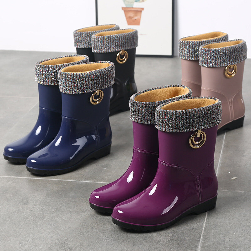 Botas de lluvia impermeables para mujer, zapatos de trabajo de goma, botine, tubo medio, de terciopelo, sin cordones, invierno, 2021
