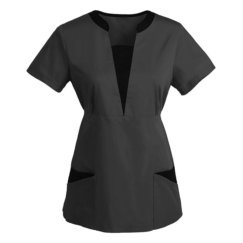 Pflege Einheitliche Frauen Tops Kurzarm V-ausschnitt Arbeit Uniform Solide Patchwork Farbe Taschen Bluse Krankenschwester Arbeit Uniform Zubehör