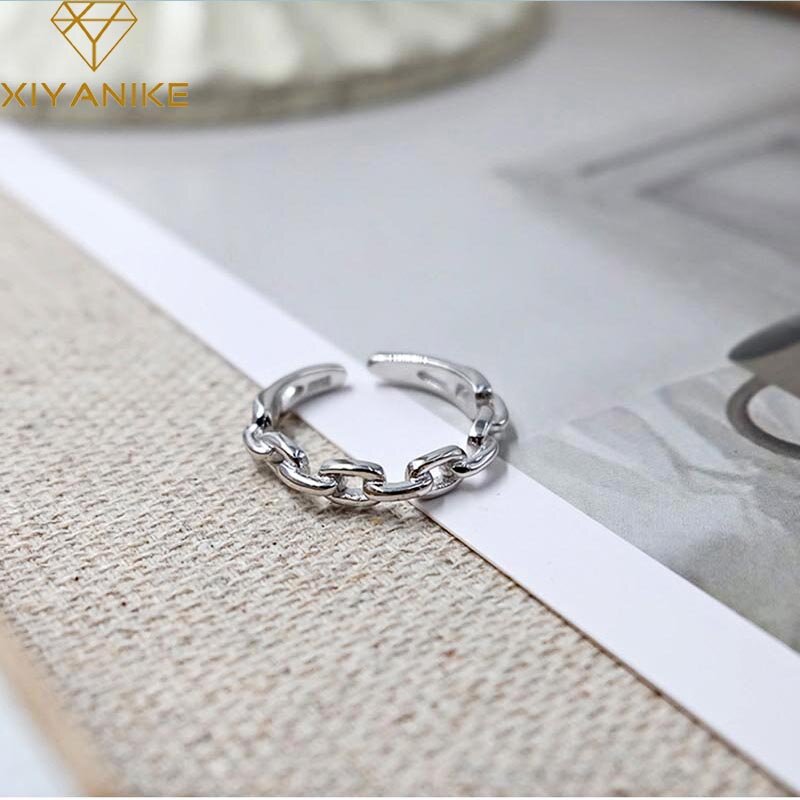 Xiyanike 925 スターリングシルバークリエイティブチェーン中空の結婚指輪ヴィンテージ幾何手作り指ジュエリー調節可能な