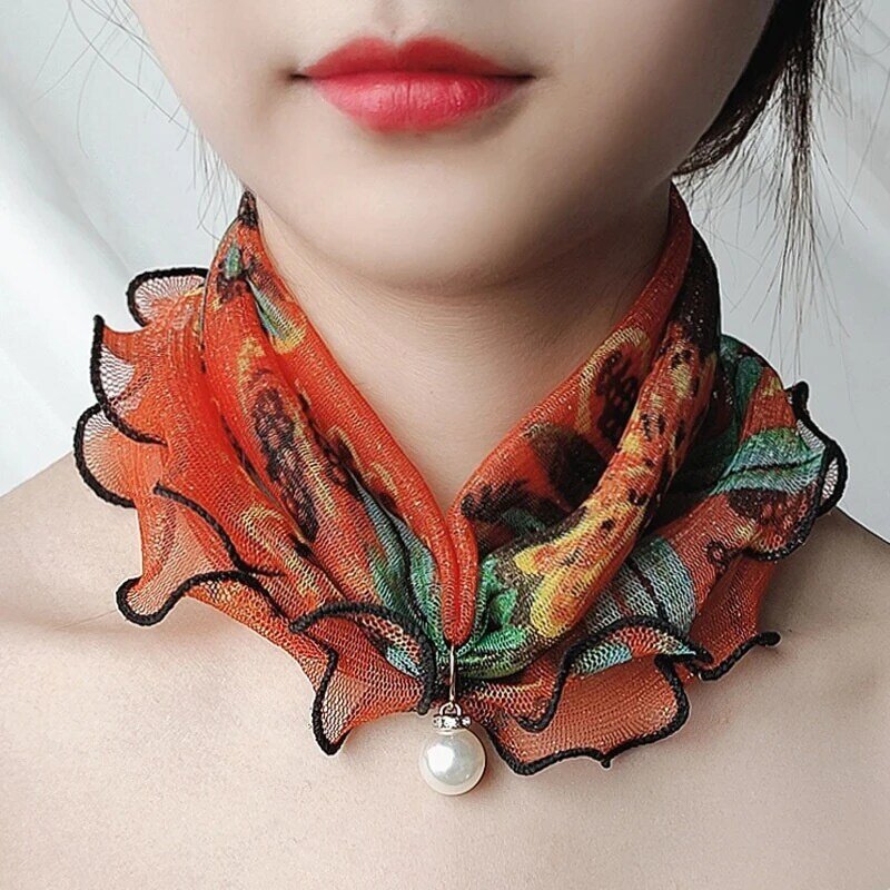 Женский кружевной шифоновый шарф с жемчугом