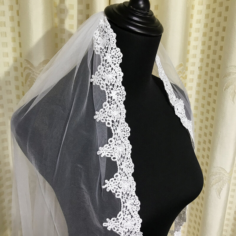 Véu de noiva de tule curto com aplique, véu de noiva com aplique de renda de marfim comprimento até 80cm para casamento com pente