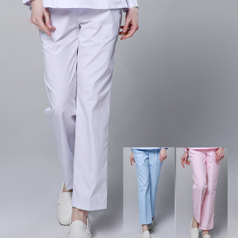 Celana scrub Rumah Sakit celana kerja medis Pria Wanita pakaian kerja dasar putih celana kaki lurus kargo pinggang elastis