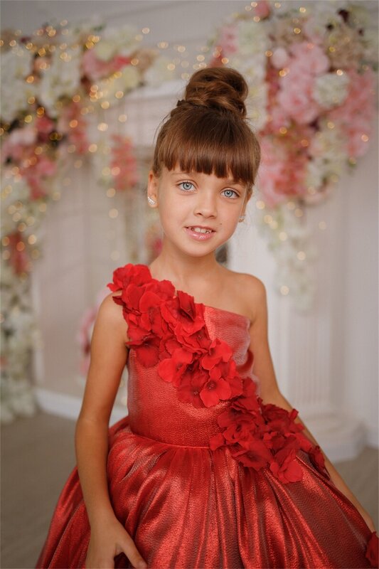 Christmas Dress One Shoulder Kids Pageant Party Gowns Flowers Wedding Flower Girls' Dresses Ruched Princess Toddler Banquet Wear