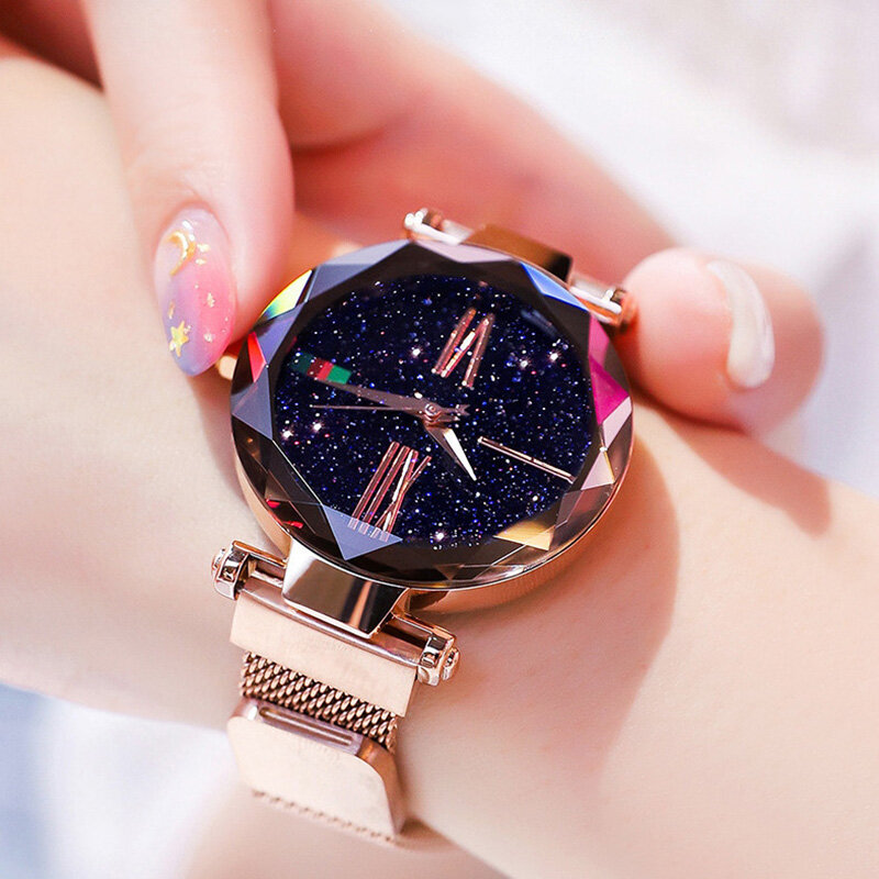 Relojes de lujo de oro rosa para mujer, minimalismo, cielo estrellado, magnético, reloj de pulsera informal para mujer, impermeable, número romano para regalo