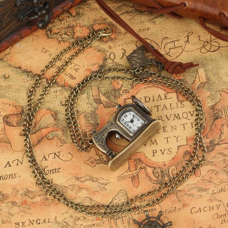 Старинная швейная машина, кварцевые карманные часы в стиле ретро, бронзовое ожерелье, кулон, уникальный брелок, цепочка на свитер, сувенир, подарки для мужчин и женщин
