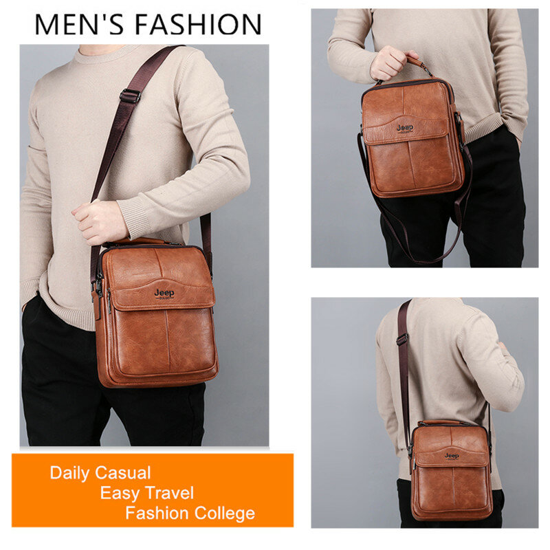 JEEP BULUO  Large Capacity Split Leather Bag For Man Messenger Bag New Men Crossbody Bag Shoulder Bags Multi-function Men Handba