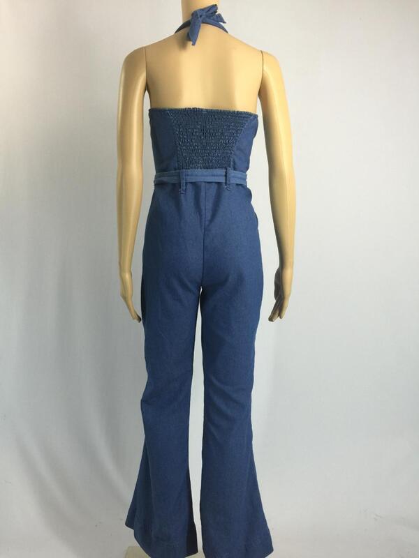 ผู้หญิงสีฟ้าเซ็กซี่ฟิตเนสDenim Jumpsuits Casual Halter Sleevless Playsuits Slim PlusขนาดOverallsกางเกงยีนส์กางเกงกับเข็มขัด