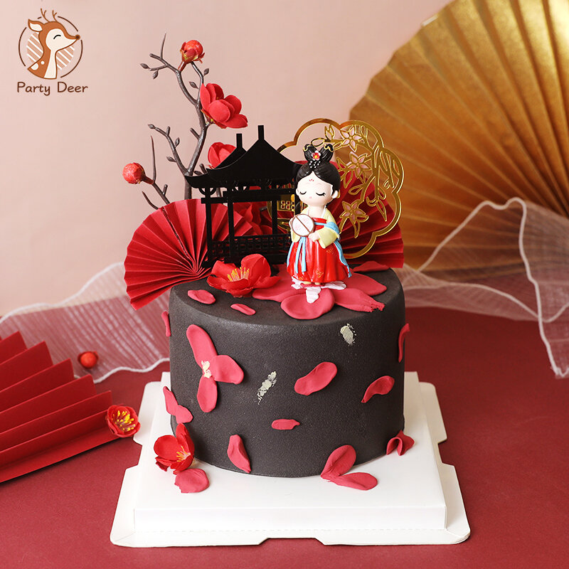 The Court Retro Red Hanfu Chinese girl Cake Topper para decoración de fiesta de cumpleaños de flores, suministros para hornear de bendición, postre