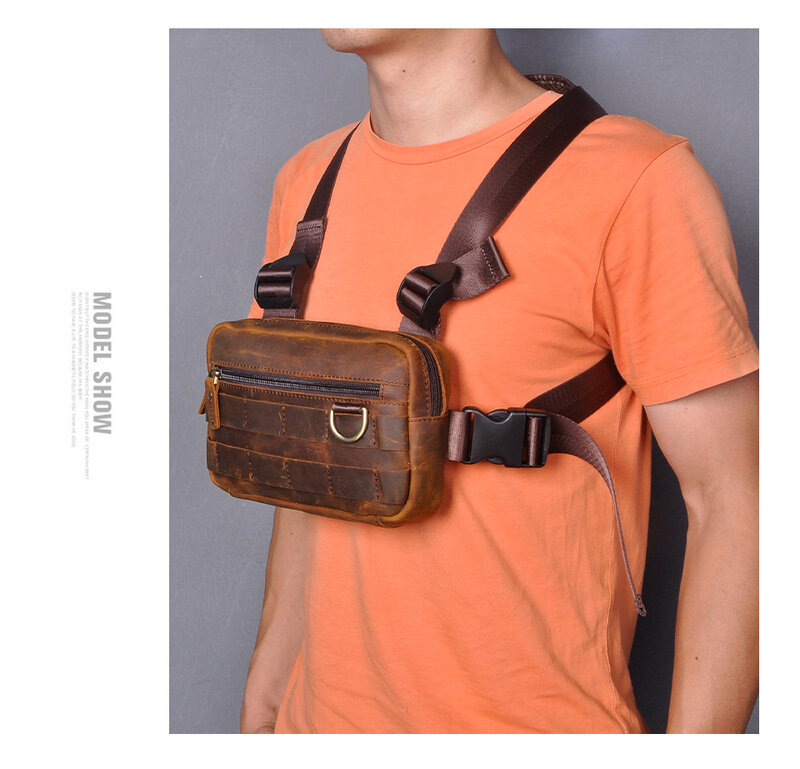 Genuine Leather Vintage Streetwear Men Hip-Hop Chest Bag Two Straps Chest Rig Bag Trendy Style Rectangle Chest Utility Pack 281