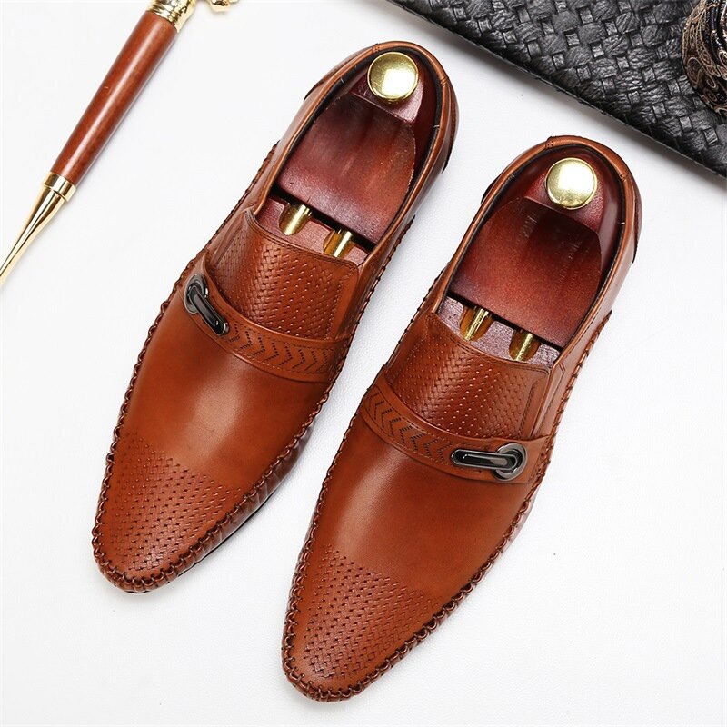 Loafers Brand Genuine Leather Pointed Casual Breathable Men Shoes Luxury Slip On Black Brown Dress Office Formal Shoes Mocassin