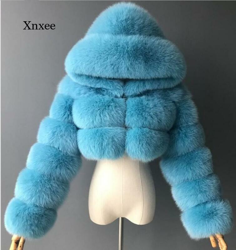 Manteau en fausse fourrure à capuche pour femme, tenue chaude, bleu, peluche élégante, veste courte, hiver