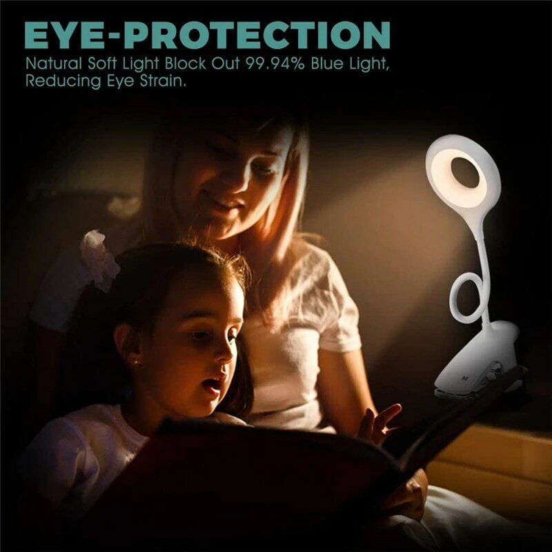 휴대용 충전식 눈 보호 책상 스탠드 LED 독서 조명, 터치 컨트롤 클립 테이블 책상 램프
