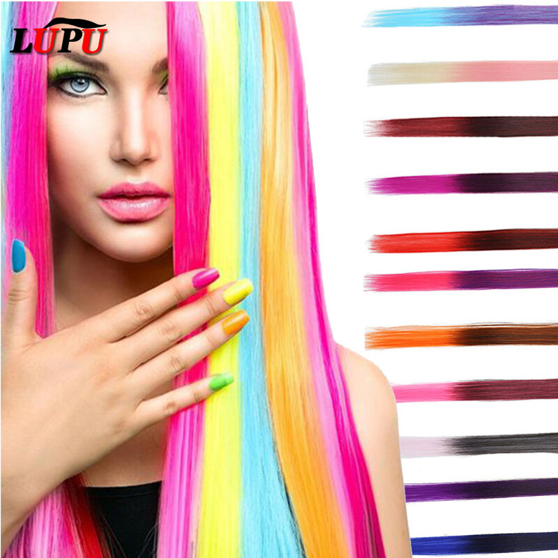 LUPU-extensiones de cabello sintético para mujer, Clips largos y rectos de 22 pulgadas, postizos de colores del arco iris, fibra de alta temperatura