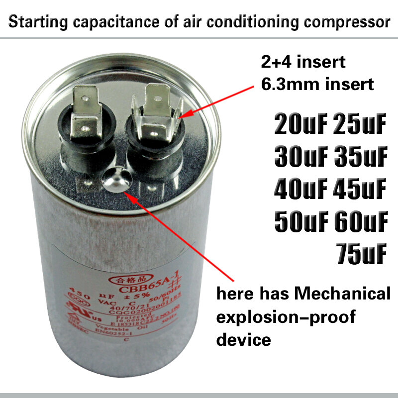 Capacitor de ar condicionado compressor, 20/25/30/35/45/50/75uf/cbb65 iniciar capacitor 450v