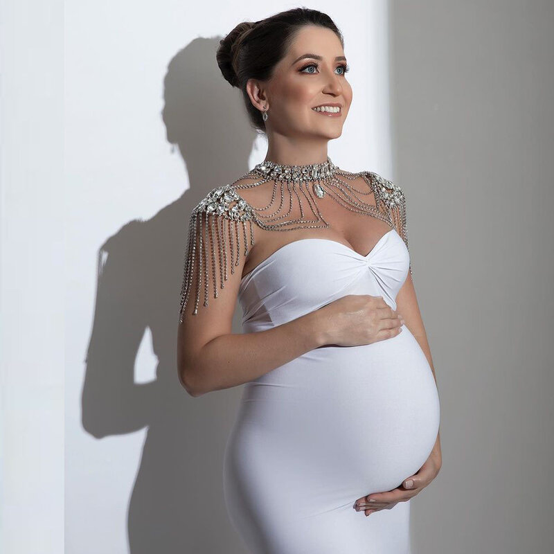 Maternidade fotografia adereços strass cristal grávida colar de ombro pérola feminina prom casamento ombro jóias corrente