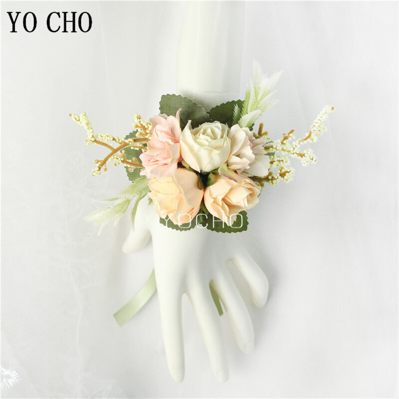 YO CHO Boutonniere Wrist Corsage Wedding Bridesmaid Bracelet Silk Rose Flower Party Prom Girl Wrist Corsage Wedding Boutonniere