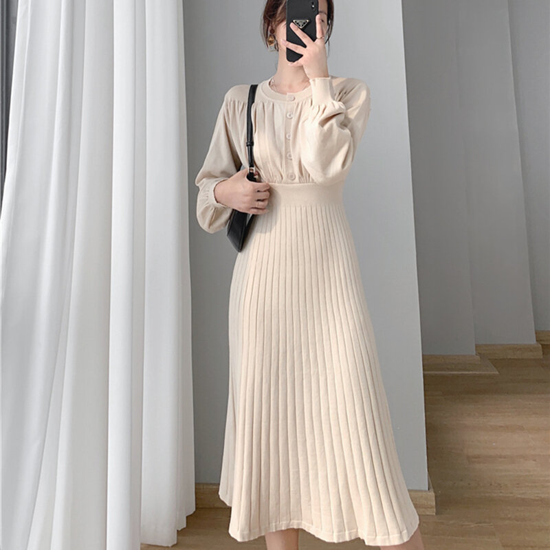 Hebe&Eos 2021 Winter Elegant Women Sweates Dress Warm Slim Waist Knitted Dress O-neck Female One Piece Korean Pleated Midi Dress