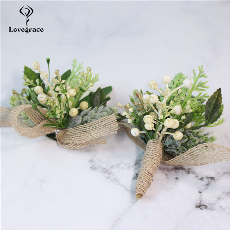 Lovegrace Groom Boutonniere Corsages Green Berries Artificial Eucalyptus Plant Leaf Pine Needle Forest Style Wedding Supplies