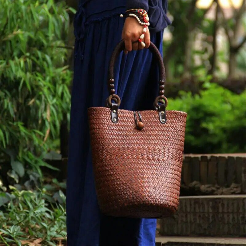 22x29CM  Hand-woven Women Thailand Straw Bag Casual Vacation Retro Fresh Handbag Shoulder Bag Bucket Bag a6116