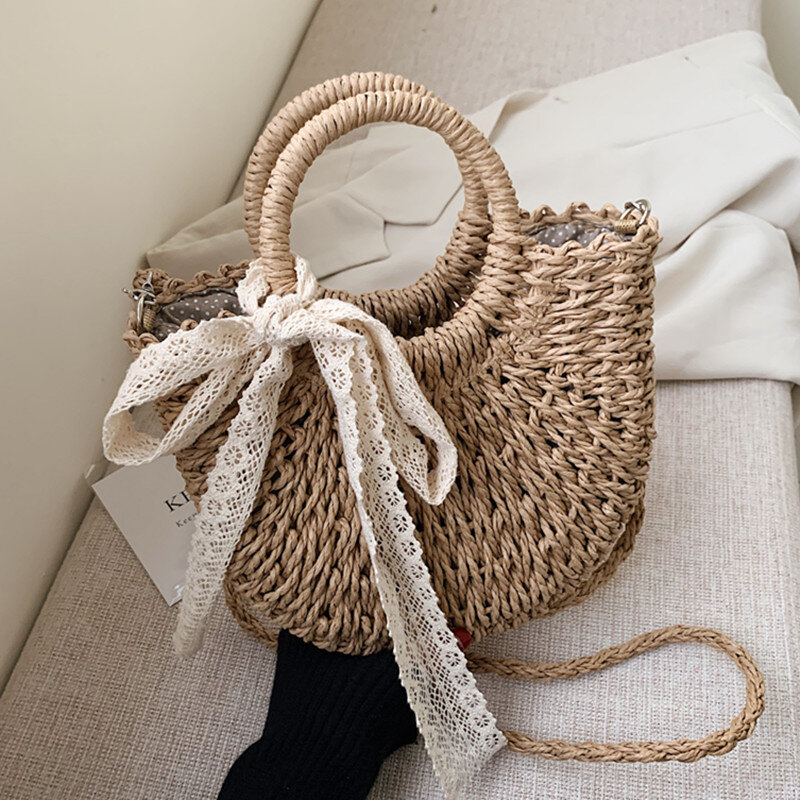 DikizFly Rattan Woven Straw Bag Women Weaving Summer Beach Bags Handmade Half Round Crossbody Bags Girls Small Top Handle Totes