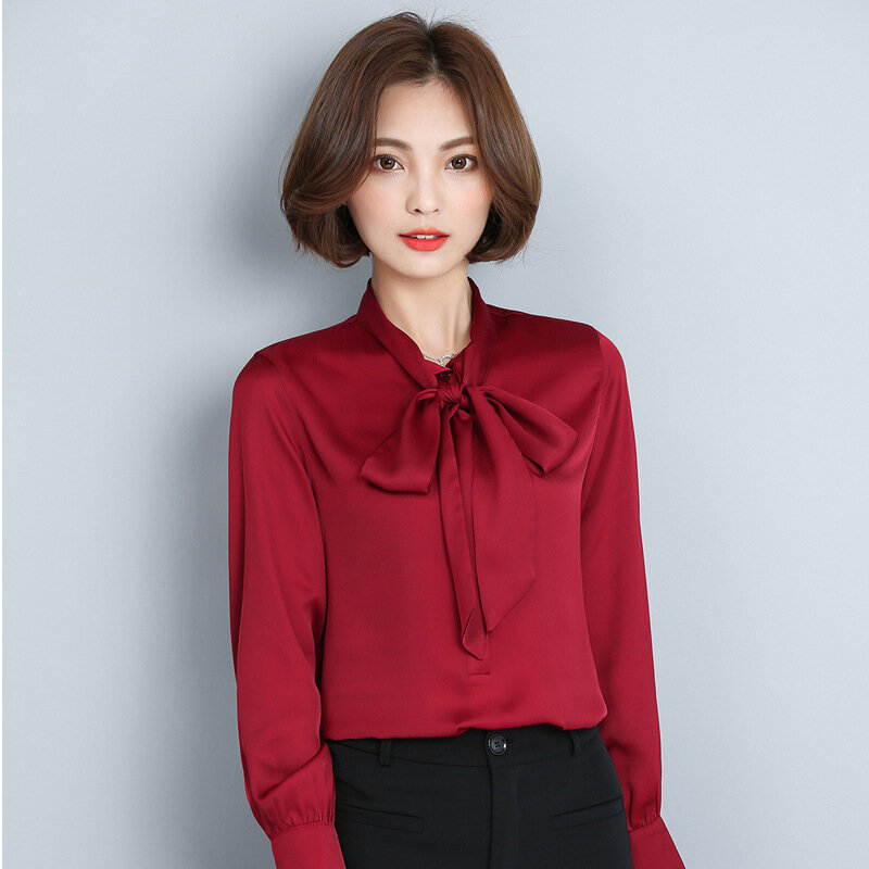 Blusa feminina chiffon de manga comprida, camisa elegante casual e sólida para escritório 2020