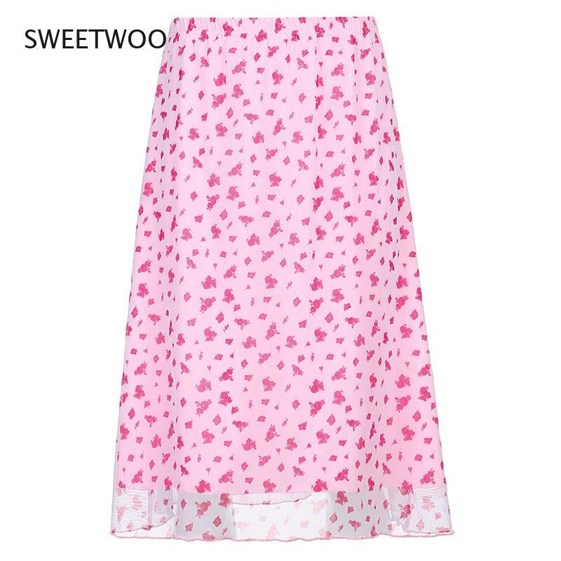 Floral wydrukowano Mesh Y2K długa spódnica kobiety Kawaii różowe spódnice z wysokim stanem lato Harajuku 90S estetyczne stroje Streetwear