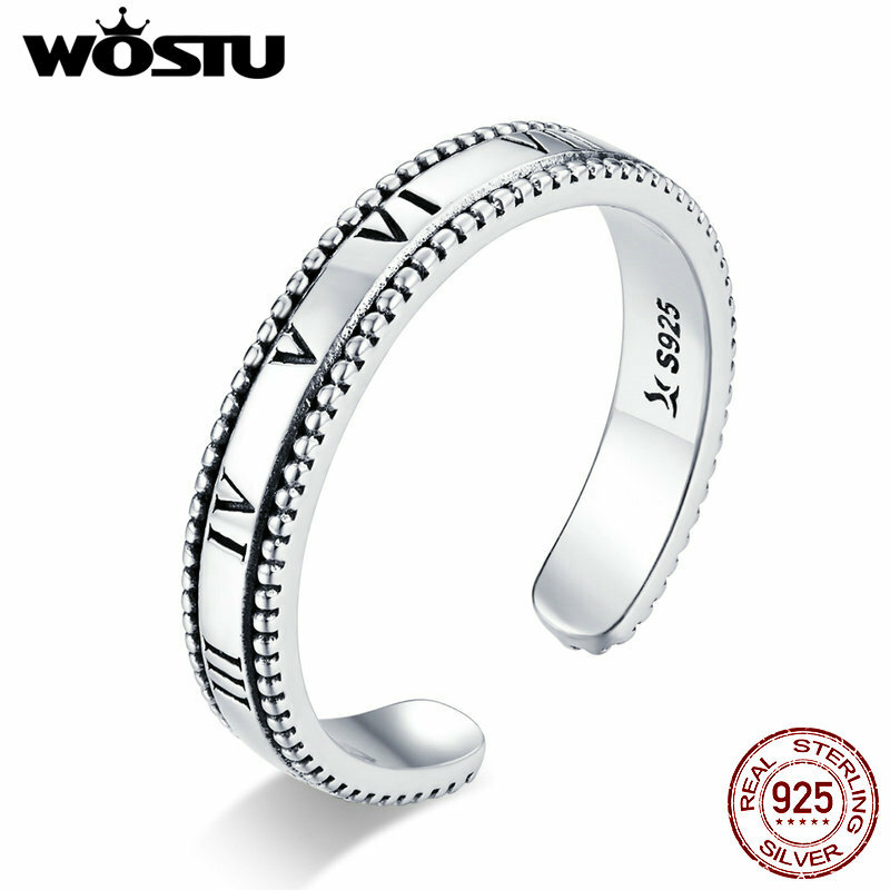 Wostu 925 anéis de prata esterlina numeral romano anéis abertos ajustável retro anéis de dedo estilo punk unissex jóias fir658