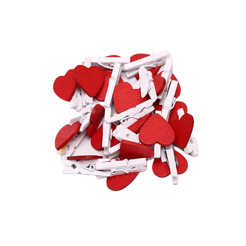 20 pçs bonito mini coração vermelho em forma de madeira foto clipes de papel memo titular decoração para casa clipes acessórios do escritório