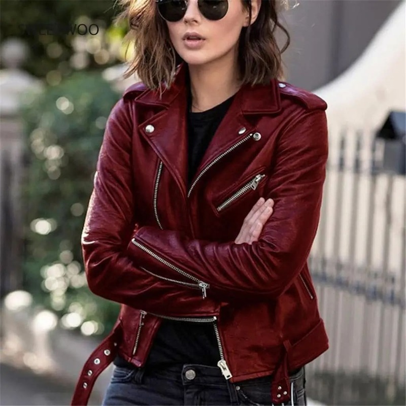 Punk ผู้หญิงหนัง Faux เย็นเสื้อแขนยาวซิปติดตั้งเสื้อฤดูใบไม้ร่วงแจ็คเก็ตสั้น Solid Lapel หญิง Moto Biker แจ็คเก็ต2021