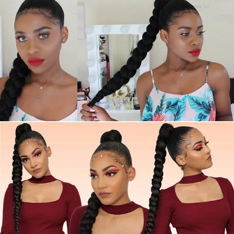 34inch Long Ponytail Extensions Synthetic Boxing Braid Hairpiece Drawstring Pony Tail Wig for Black Women Clip in