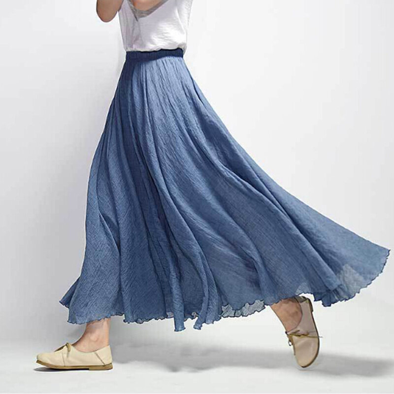 Женские льняные хлопковые длинные юбки с эластичной талией, плиссированные макси-юбки, пляжные винтажные летние юбки в стиле бохо