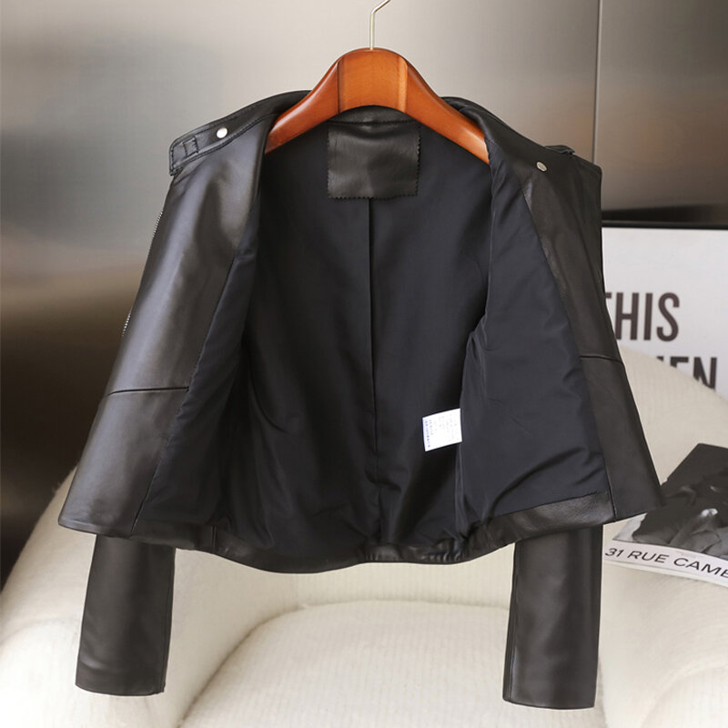 Jaket Lokomotif untuk Wanita Kualitas Tinggi Perempuan Abu-abu Pendek Ramping Ritsleting Kantong Kulit Asli Mantel Mujer Motor Vetement